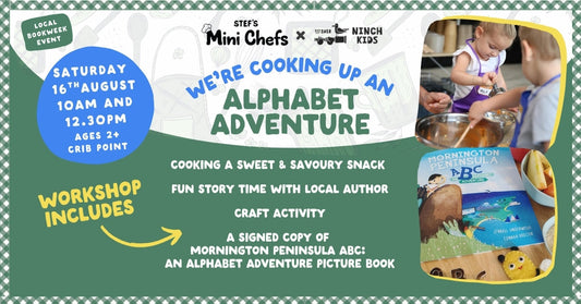 Children enjoying a Book Week cooking and story time workshop on the Mornington Peninsula, with author reading and hands-on food activity. Event details listed including time and inclusions.