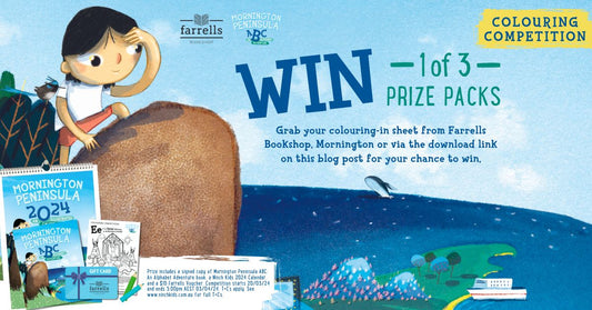 This image shows a child looking out over the Mornington Peninsula. The image includes text details about the Farrells Ninch Kids Easter Colouring Competition and the Prizes to Win.