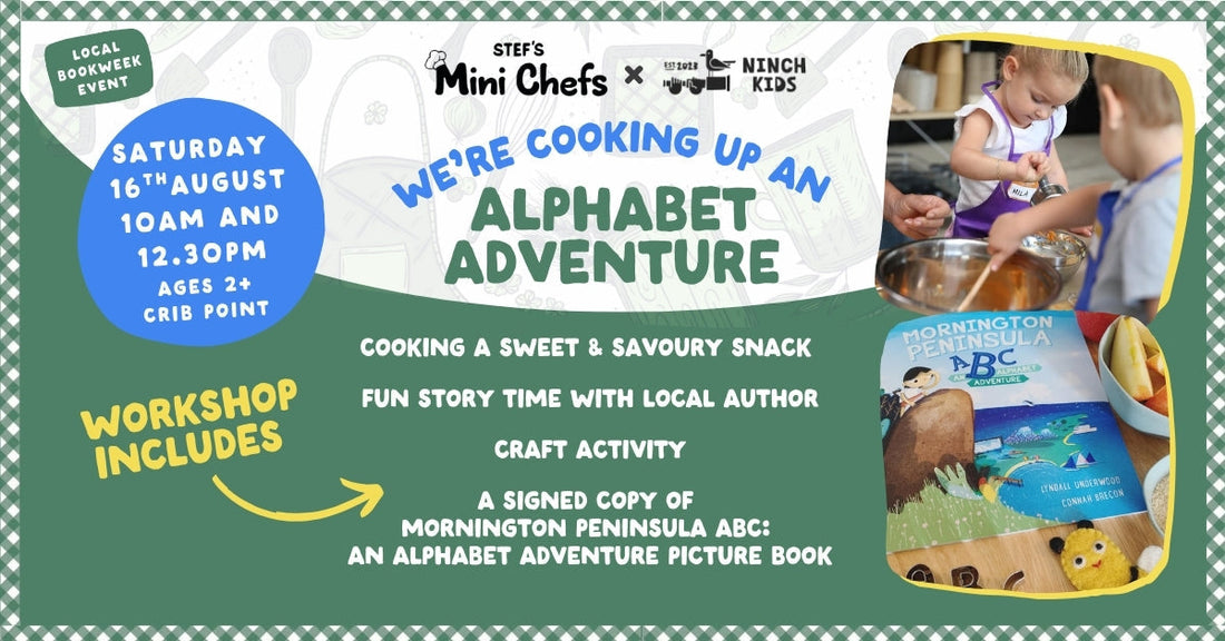 Children enjoying a Book Week cooking and story time workshop on the Mornington Peninsula, with author reading and hands-on food activity. Event details listed including time and inclusions.