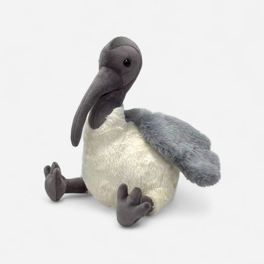Plush toy ibis on a white background